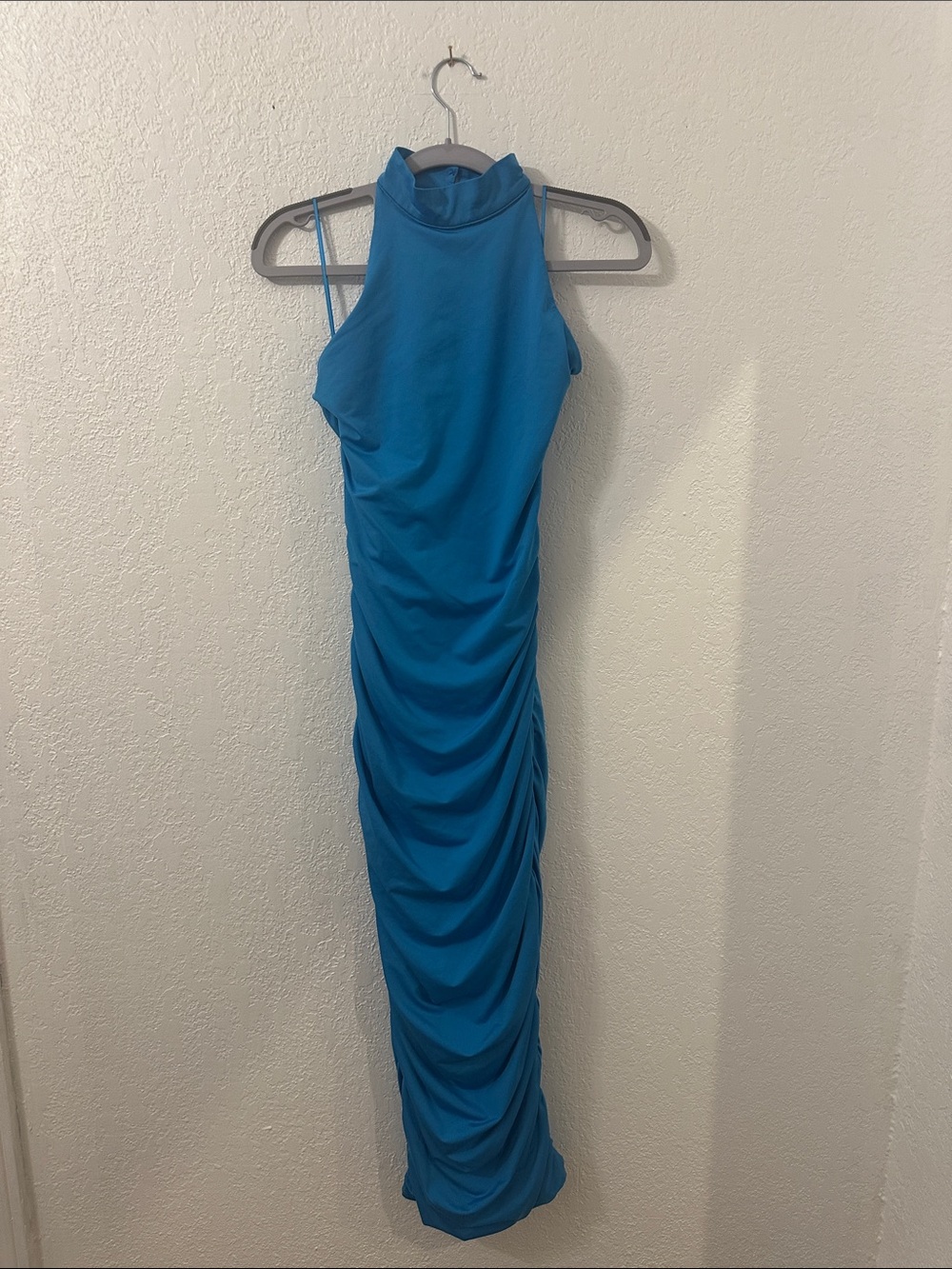 Blue Ruched High-Neck Maxi Dress